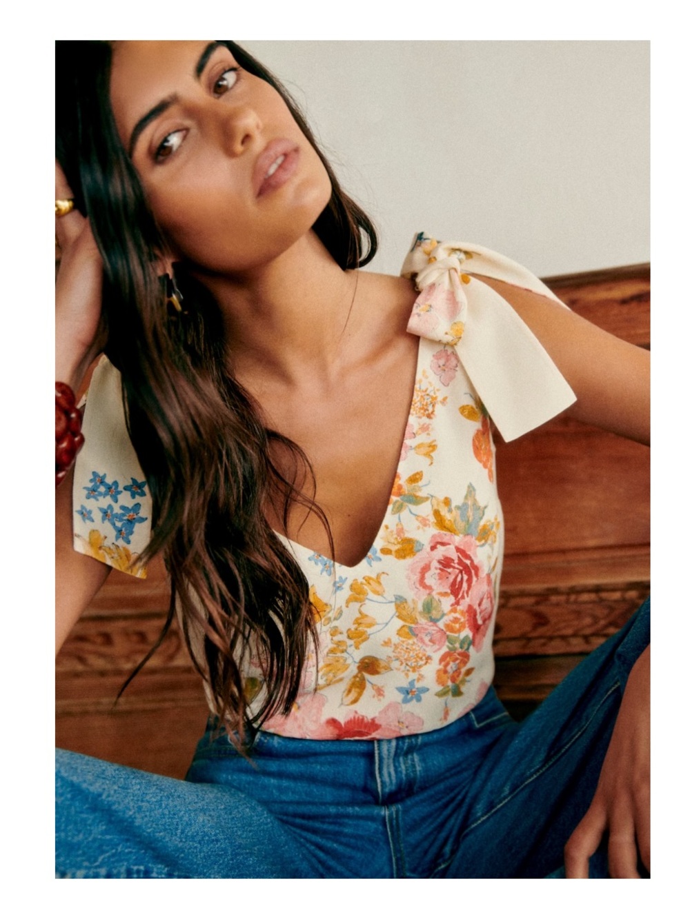 Sezane Floral Tie-Shoulder V-Neck Top in Cream and Pink